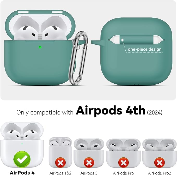 for AirPods 4 Case 2024 with Cleaner Kit & Keychain-Magnetic Green | Silicone Protective Cover for Apple AirPods 4th Generation Case,for Women Men,One-Piece Design,Shockproof,Dust Proof,Magnetic