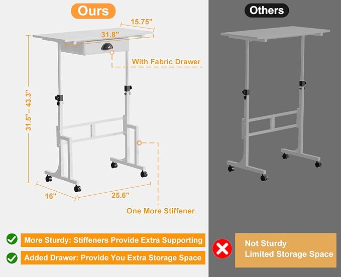 Cidaziya Adjustable Height Standing Desk for Walking Pad Treadmill, Portable Rolling Desk for Laptop with Drawer, Small Moblie Sit to Stand Desk On Wheels with Stiffener for Home Office Dorm Bedroom