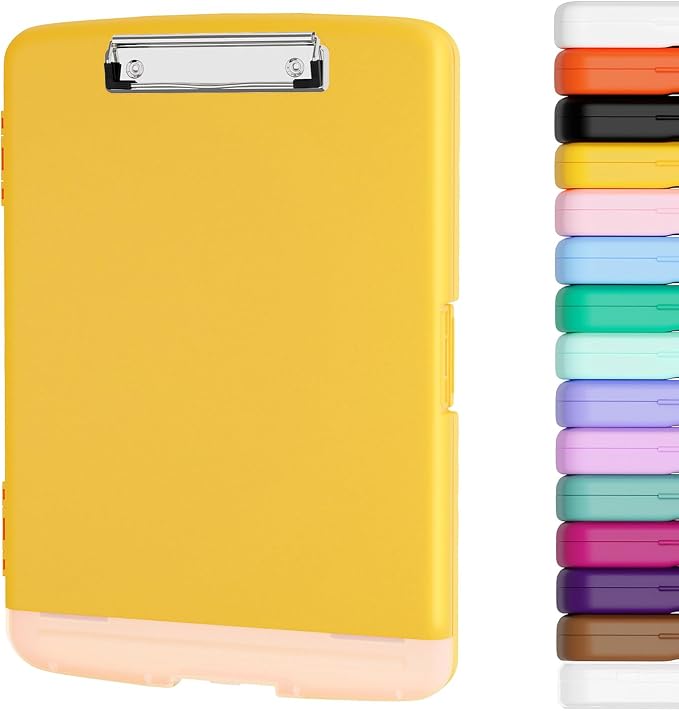 Piasoenc Clipboard with Storage, 8.5 x 11 Clip Board with Pen Holder,Yellow | High Capacity, Heavy Duty Plastic Organization Box for A4 Legal Paper Folder, Folio & Side-Opening Nurses, Teachers, Student