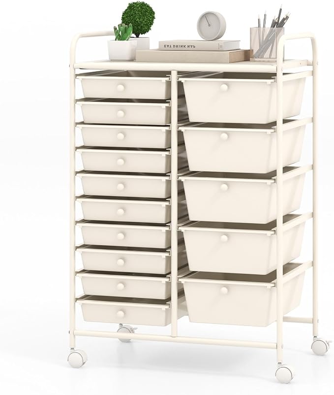 GLACER 15 Drawers Rolling Storage Cart, Steel Frame Craft Organizer Cart | Utility Cart w/Lockable Wheels & Sleek Handle, Mobile Art & Tool Supply Trolley for Teacher, Home, School, Office (White)