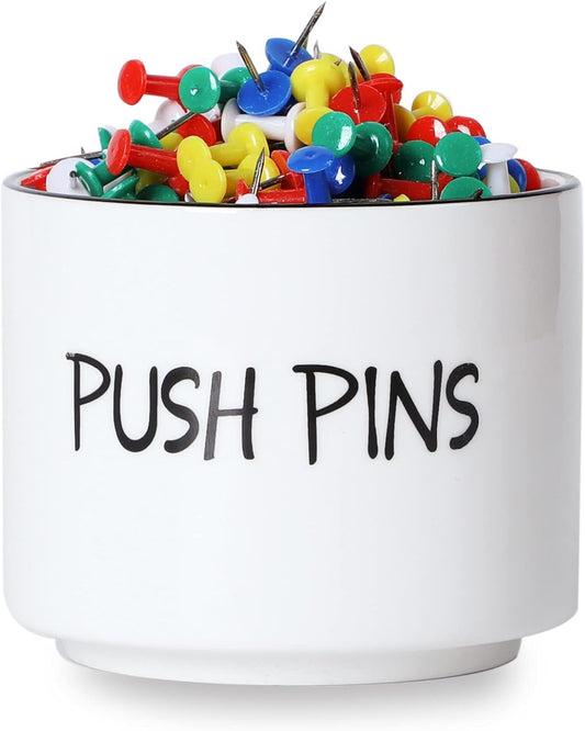 Ceramic Push Pins Holder, Paper Clips Dispenser Organizer for Desk and Binder Clips Holders Container for Office School Home Supplies 3.4Inch, White