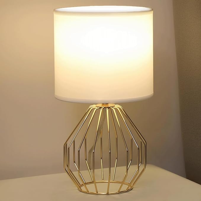 Brass Gold Table Lamp, Small Bedside Nightstand Lamp with White Fabric Shade, Metal Base Modern Geometric Desk Lamp for Bedrooms Living Room Office Kids Room