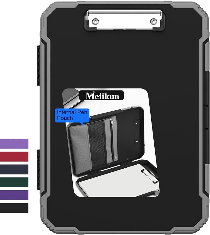 Meiikun Clipboard with Storage, Rugged Shockproof Protective, Internal Pen Pouch & Metal Clip, Heavy Duty Plastic Clip Boards 8.5x11, High Capacity Contractor Folder for School Office (Black)