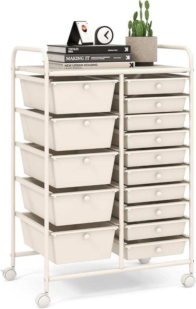 15 Drawer Rolling Storage Cart, Rolling Cart with Drawers for Classroom, Art Supply Craft Organizer on Wheel with Metal Frame & Handles for Home Office School