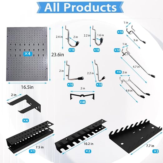 JZD Metal Pegboard Wall Organizer 4 Packs Pegboard with115 PCS Hooks Pegboard Tool Organizer Kit for Garage Workshop