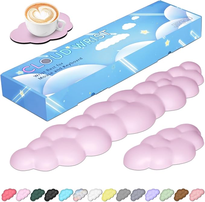 JIKIOU Upgrade Leather Cloud Wrist Rest for Keyboard and Mouse & Cup Pad | Wish Gift-Cute Cloud Shape, Comfortable and don’t Irritate to Skin, Non-Slip PU Base,Soft Memory Foam filled for Pain Relief