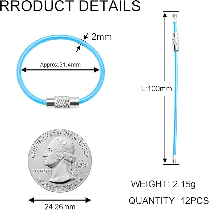 CooBigo 12 Pack Small Keychain Key Ring Holder 4 Inch Travel Luggage Tag Loops Wire Cable Key Chain for Hanging Car Keys Dog Tag Rings Keeper (Thick: 2mm, Light Blue)