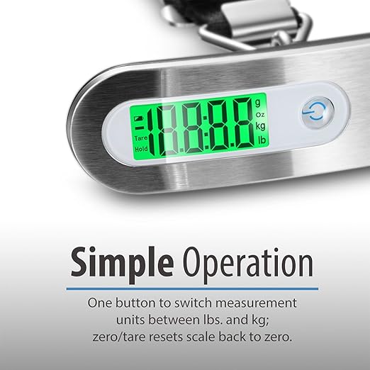 Fosmon Digital Luggage Scale, 110lbs Suitcase Baggage Scale, 1 Pack Silver | LCD Backlight Display, Tare Function, Stainless Steel Heavy Duty, Hanging Suitcase Weight Scale, Portable Travel Scale
