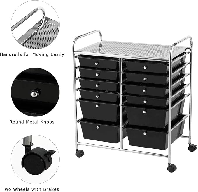 12 Drawer Rolling Storage Cart, Craft Cart Organizer on Wheels w/Metal Frame, Large Capacity & Smooth Drawer, Rolling Cart w/Drawers for Classroom, Office