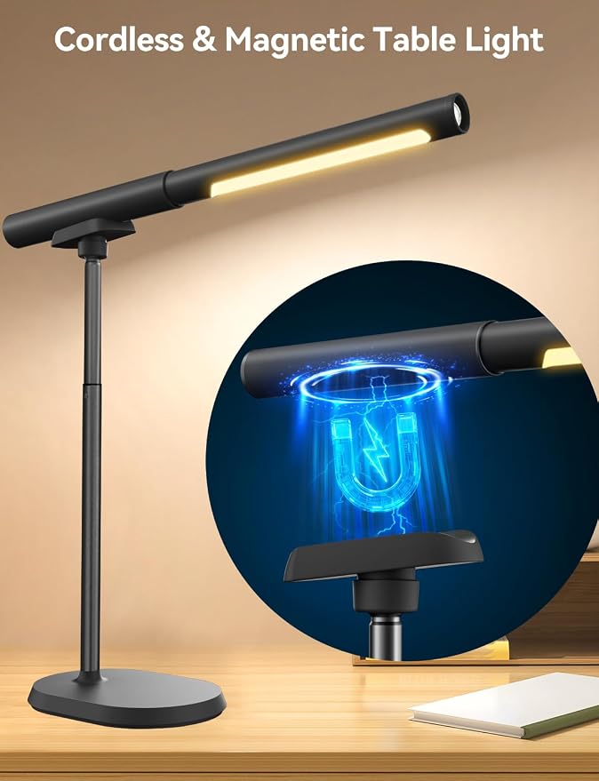 Rechargeable Desk Lamp, Adjustable Magnetic Table Lamp with Removable Cylindrical Light Tube for Study & Bedroom, Dimmable Touch Control & Space-Saving.