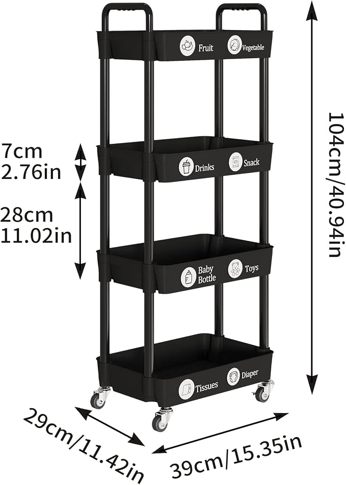 Laiensia 4-Tier Rolling Cart with Wheels,Multifunction Utility Storage Carts, Kitchen Storage Organizer,Mobile Shelving Unit for Bathroom,Laundry,with Classified Stickers,Black