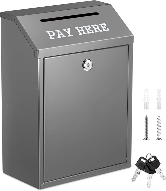 Yaocom Safe Metal Cash Box for Farm Stand – Money Drop and Secure Donation Collection, Wall Mount Lockable Unit with Pre Drilled Holes for Outdoor Self Serve(Gray,11.8 x 8.6 x 4.7 Inch)