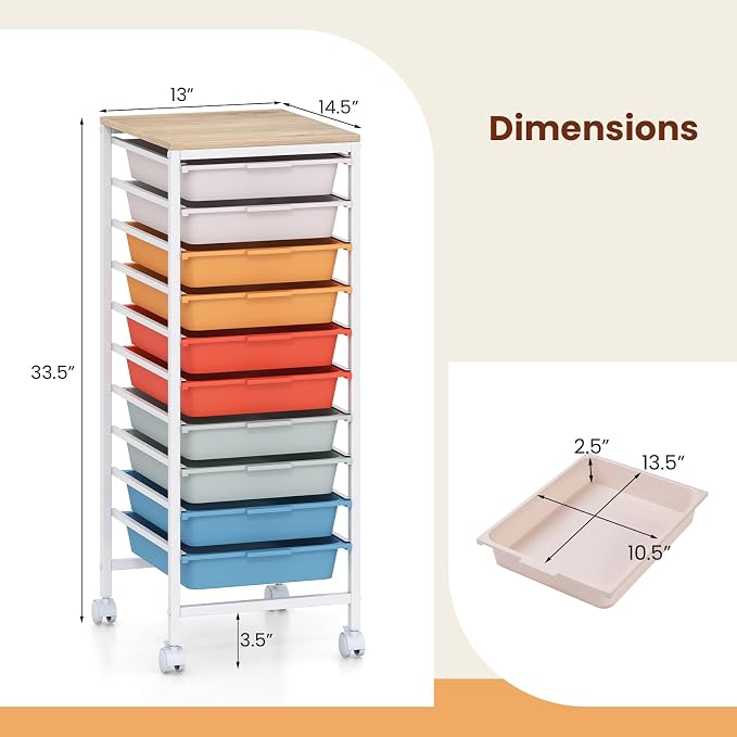 Giantex Rolling Storage Cart with 10 Drawers, Utility Cart w/Wooden Tabletop, Lockable Wheels, Multipurpose Organizer for Art Craft Books Paper, Drawer Carts for Dorm Classroom Office, Macaron