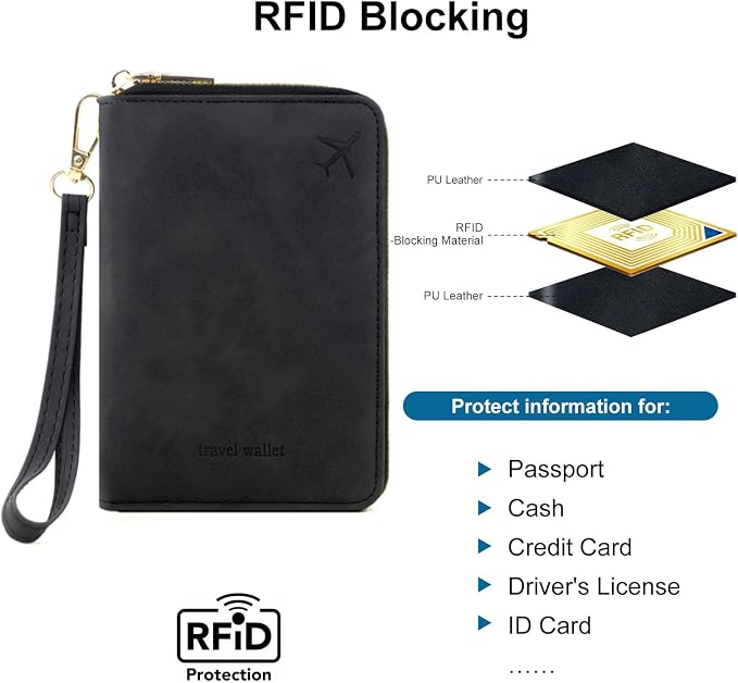 Family Passport Holder for Travel Women and Men RFID Blocking Passport Holder with Zipper Multi-functional Passport Wallet Passport Case Passport cover Travel Essentials