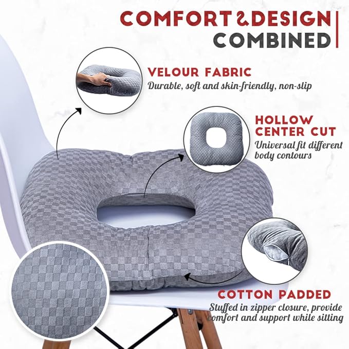 Stuffed Donut Pillow Seat Cushion | for Tailbone and Coccyx Pain, Hemorrhoids, Bed Sores, Pregnancy, Prostate, Surgery Recovery, Sitting Pressure Relief, for Home, Office and Car (Grey)
