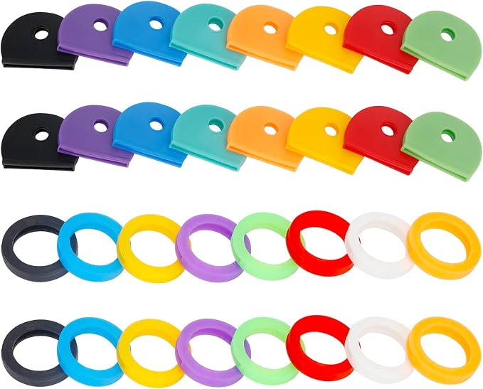 Vibit 32 Pack Key Cap Tags Set in 8 Assorted Colors Plastic Key Identifier Coding Label Covers for Standard Flat House Keys, 2 Styles
