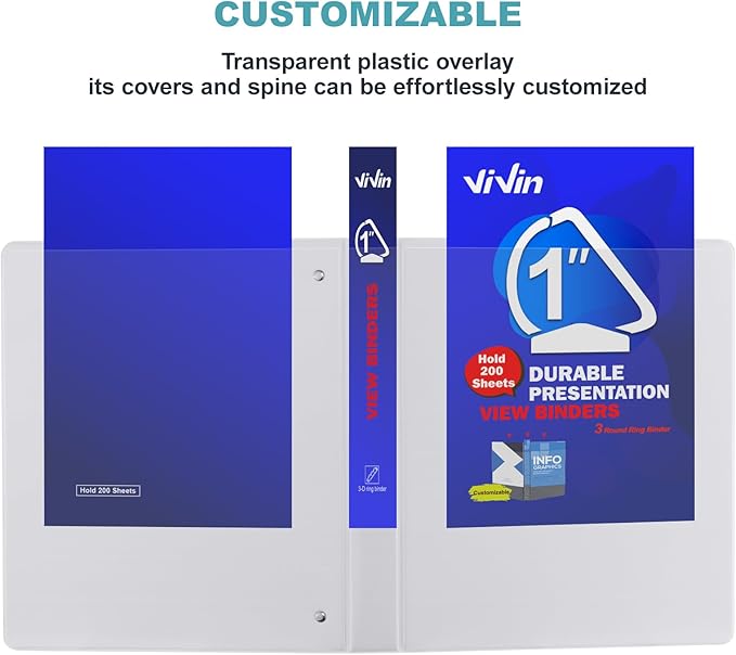 3 Ring Binder 1 Inch, ViVin Sturdy 1"-Slant D Ring Binder with 2 Interior Pockets, Clear View Cover, PVC-Free, Fits 225 Sheets of US Letter Size Paper (8 Pack, White)