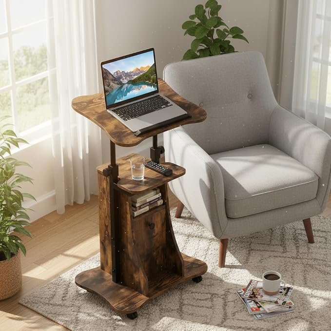 Tangkula Rolling Lectern Podium Stand, Height Adjustable Laptop Table with Tilting Tabletop & Storage Shelves, Compact Standing Desk with Lockable Casters for Home Office School (Rustic Brown)