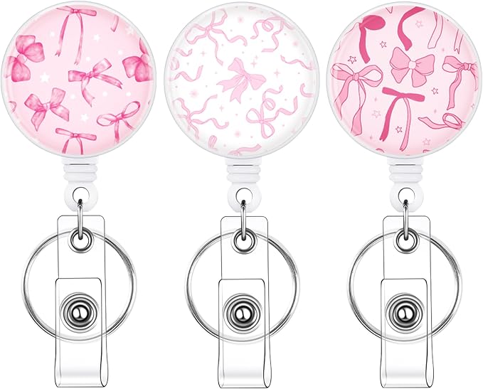 BESARME 3 Pack Bow Badge Reels Retractable Badge Clip with Key Ring Retractable Badge Holders for Office Worker Teacher Nurse Student（Pink Bow）