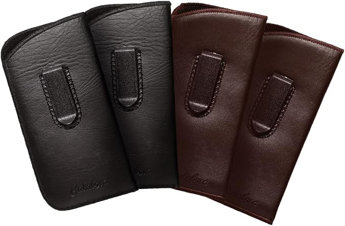 Calabria Slim Faux Leather Eyeglass Case Soft Slip-In Design [2 Black & Brown - 4 Pack] | Compact Protective Pouch | Soft Case for Glasses | Lightweight Sunglass Storage