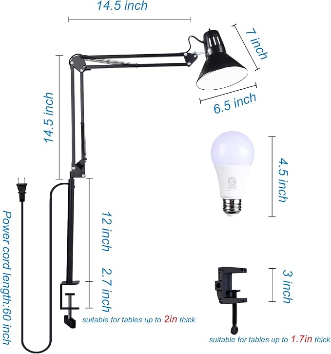 Swing Arm Desk Lamp for Home Office 360°Adjustable | Tall Metal Clamp on lamp with Bulb,Eye-Caring Clip on Desk Light for Computer Work Study Reading and Drafting