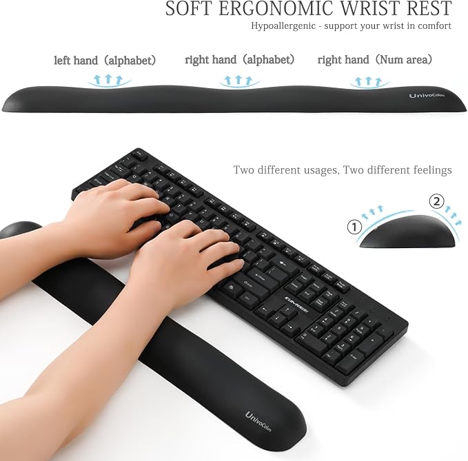 UnivoColors Design-Wave Keyboard Wrist Rest, Artificial Sheepskin+Memory Foam+Ergonomic+Anti-Slip Gel, Resilience Support During Work and Gaming,Keyboard Accessory,Black