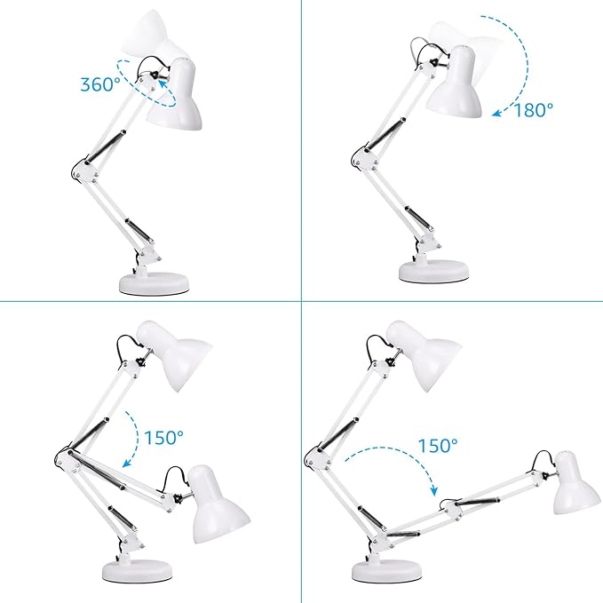 TORCHSTAR Metal Desk Lamp, Adjustable Swing Arm, E26, White | Architect Gooseneck Multi-Joint Clip Table Lamp with Plastic Clamp, for Home Office, Work, Study, Reading, Bulbs not Included
