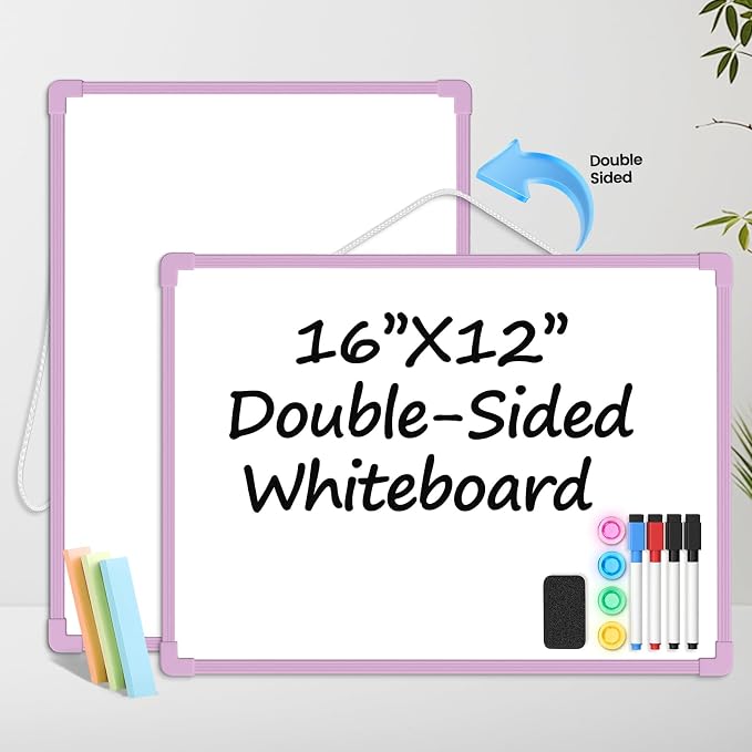 Purple Frame Small Dry Erase Board for Wall, 16" x 12" Double-Sided Hanging Whiteboard with 4 Markers, 4 Magnets and 3 Mini Sticky Notes, Portable Whiteboard for Kids, School, Home, Office