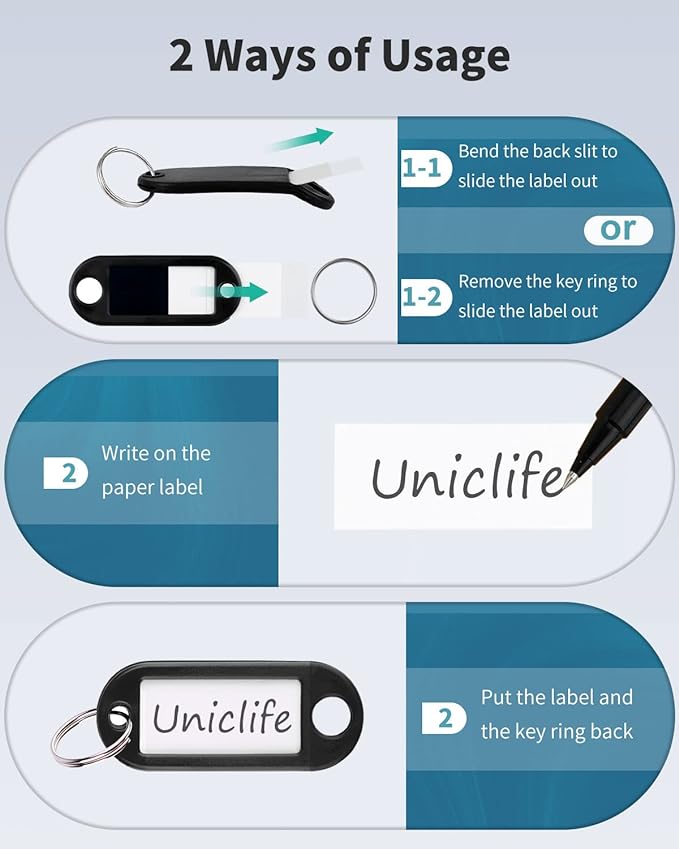 Uniclife 40 Pieces Key Tags 2 Inch Soft Plastic Key Chain Tags with Blank Paper Labels Clear Windows Protective Films and Split Rings Flexible Item Identifiers, Black