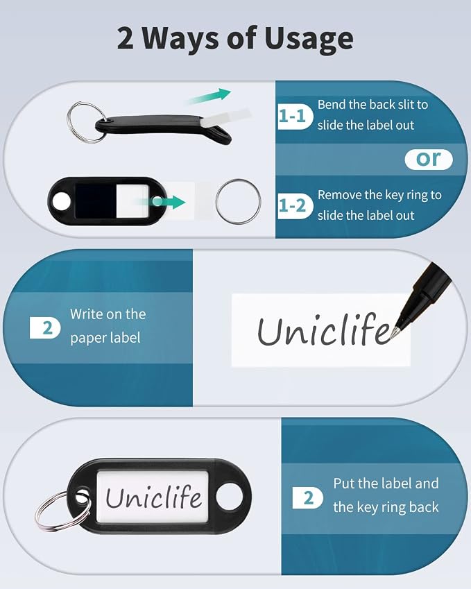 Uniclife 10 Pieces Key Tags 2 Inch Soft Plastic Key Chain Tags with Blank Paper Labels Clear Windows Protective Films and Split Rings Flexible Item Identifiers, Black