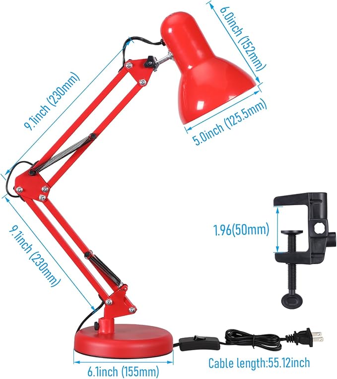 TORCHSTAR Metal Desk Lamp, Adjustable Swing Arm, E26, Red | Architect Gooseneck Multi-Joint Clip Table Lamp with Plastic Clamp, for Home Office, Work, Study, Reading, Bulbs not Included