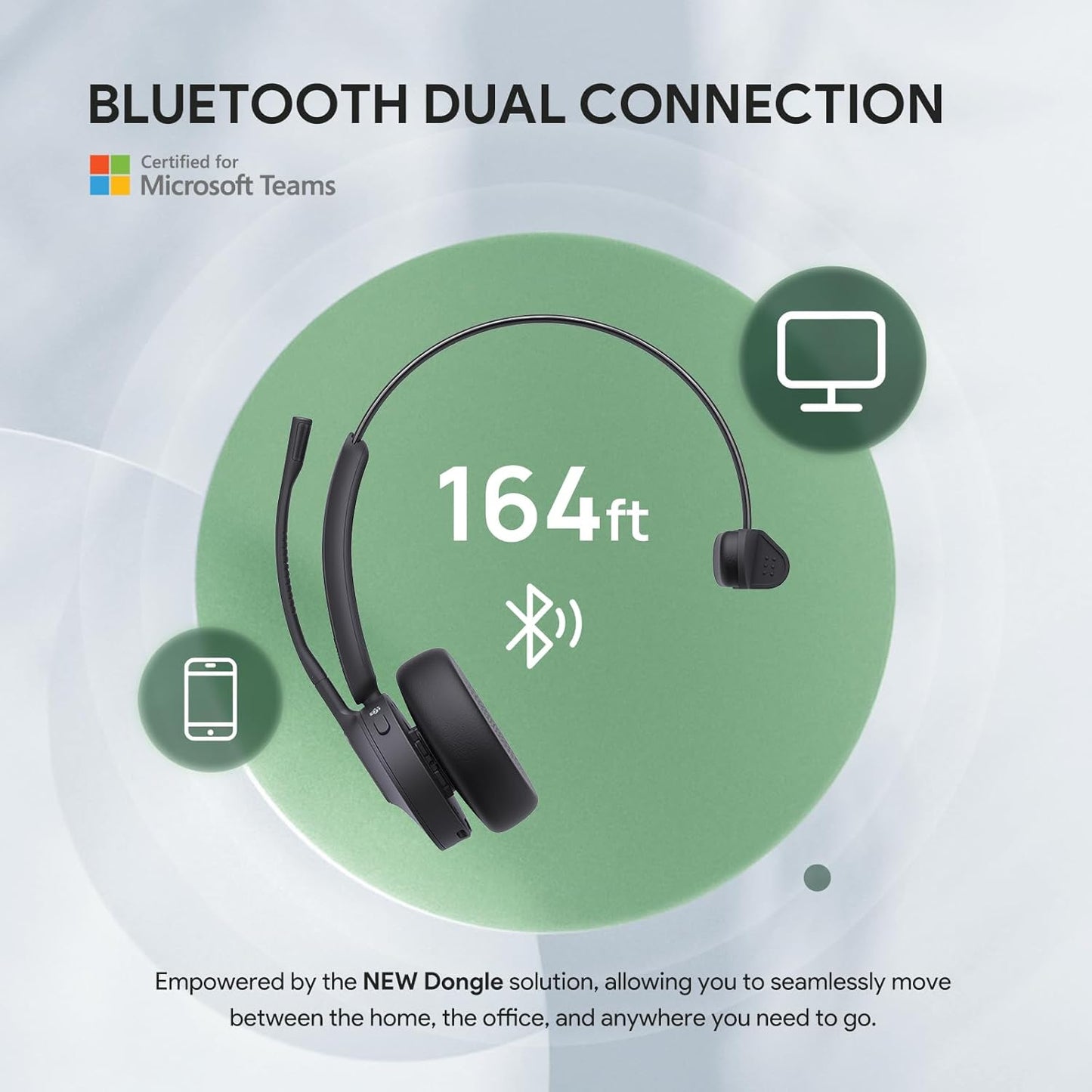 Yealink BH70 Mono Wireless Bluetooth Headset with Microphone for Work, up to 35h Talking Battery Life, 3-Mic Noise Cancellation, 91g Lightweight Microsoft Teams Certified Work Headsets for PC