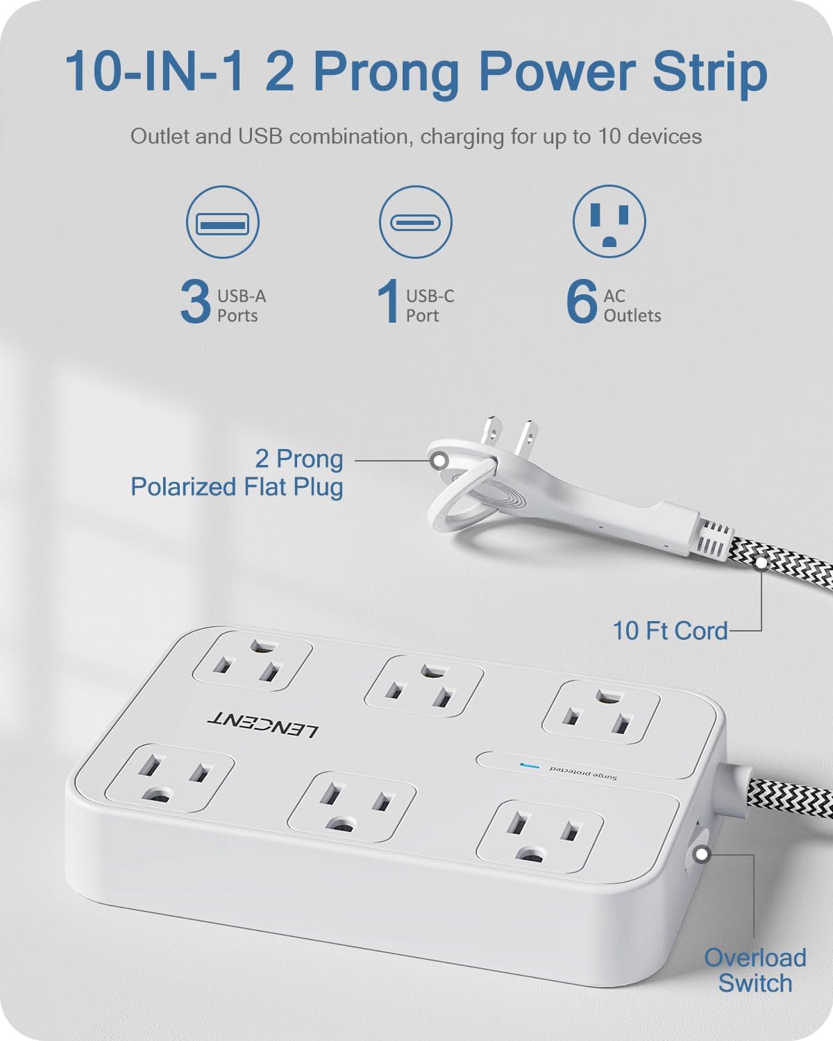 LENCENT 2 Prong Power Strip, 3 to 2 Prong Outlet Adapter, Surge Protector with 10ft Braided Extension Cord with Thin Flat Polarized Plug, 6 AC & 4 USB (1 Type-C), Wall Mount for Non-Grounded Outlet