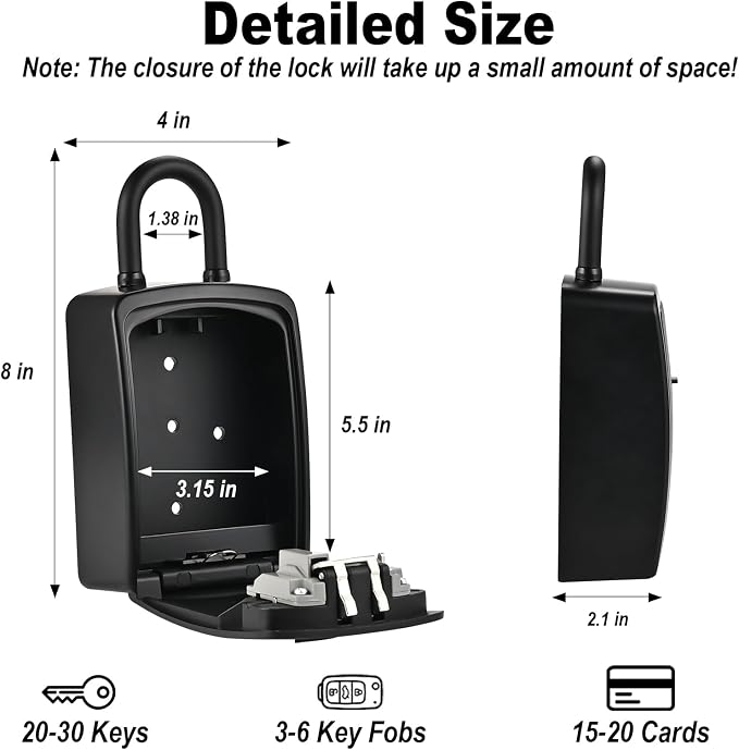 XXL Large Key Lock Box, 5.5"x4.1"x2.1", Upgraped Material | Waterproof Kirsite Combination Lockbox for Keys Outdoor, Portable Key Lock Box Wall Mount with Code (1 Pack, Black)