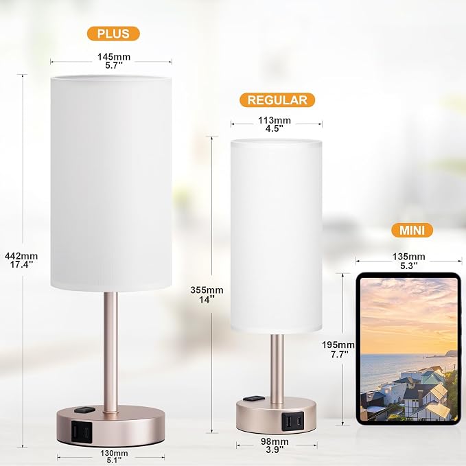 Antique White Bedside Table Lamp for Bedroom - 3 Way Dimmable Touch Lamp USB C Charging Ports and AC Outlet, Small Lamp Gold Base Round Flaxen Fabric Shade for Living Room, Desk