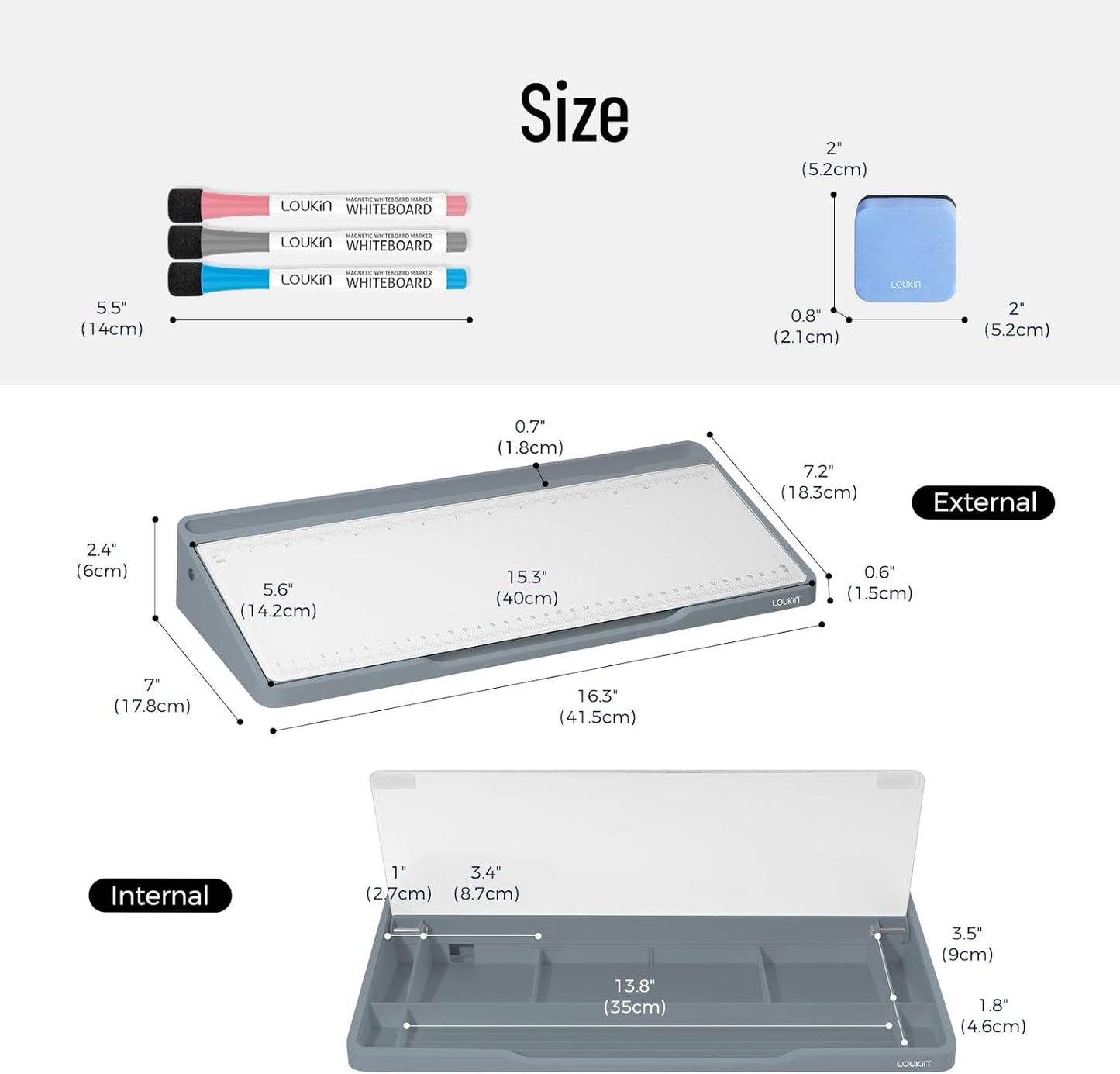 LOUKIN Glass Desktop Whiteboard, 15.3" x 5.6" Dry Erase Desk Board with Dotted and Graduated Surface, Desktop Buddy, Great for Design and Drawing, 3 Markers and 1 Dry Erase Eraser Included (Grey)