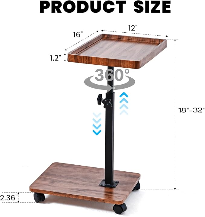 C Table End Table Adjustable Height,C Shaped End for Couch，Snack Tables,360°Swivel TV Tray Sofa Table,Tables that Slide Under,Coffee SideTable for Bed,Chair,Bath-tub,Outdoor(Walnut Color)
