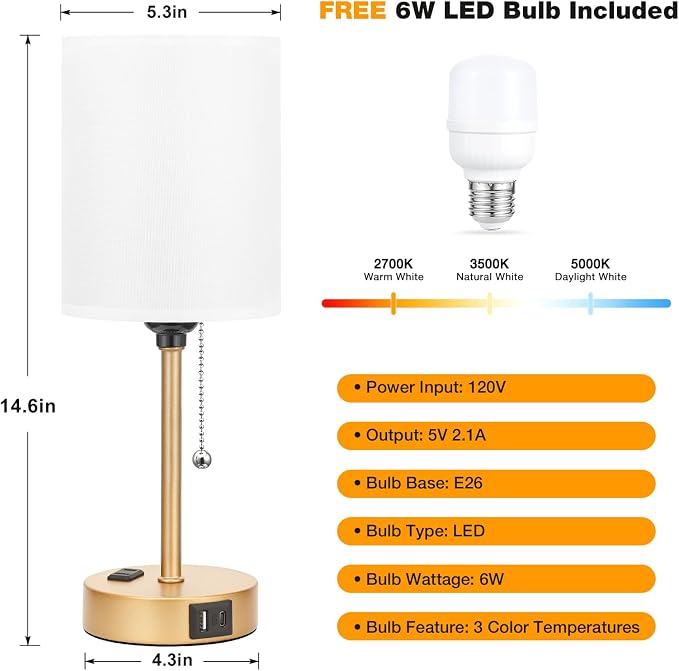 Small Bedside Lamp for Nightstand, Gold Desk Lamp for Dorm Room Bedroom | USB A+C Ports, AC Outlet, 3 Color Temperatures, LED Bulb Included, White Fabric Shade, Gold Brass Base, 14" Night Stand Lamp