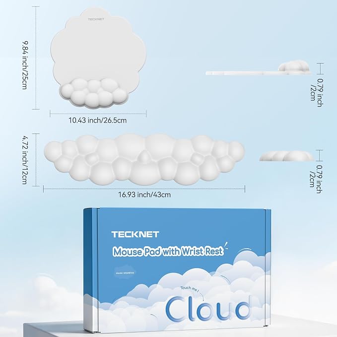 TECKNET Cloud Mouse Pad with Wrist Rest, Ergonomic Cloud Wrist Rest with Non-Slip Base, PU Leather Memory Foam Mouse Pad Wrist Support for Keyboard and Mouse, Pain Relief for Typing, Gaming, White