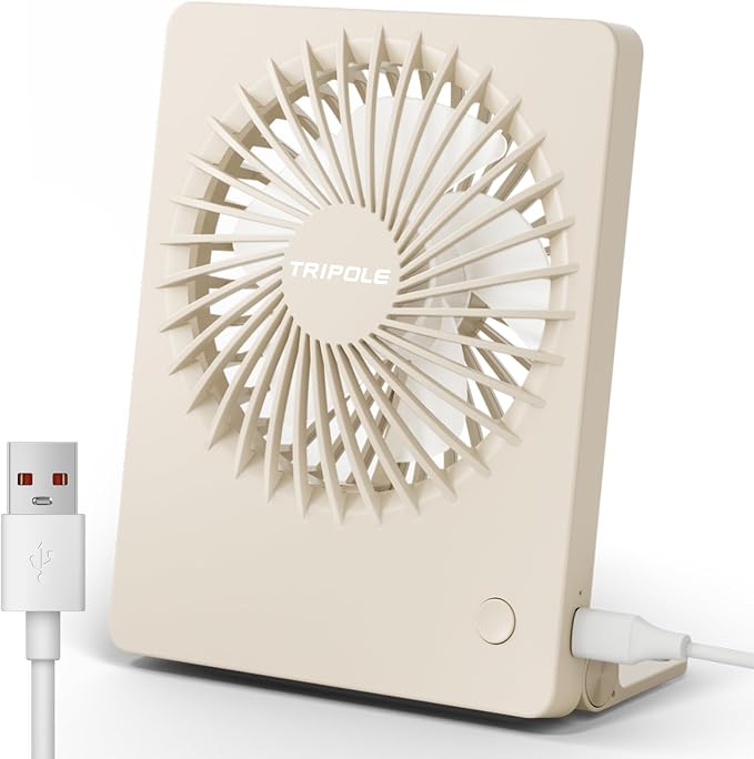 TriPole Mini Desk Fan USB Powered Portable Fan Small Personal Fan 3 Speeds Strong Airflow Table Fan for Travel Home Office Bedroom Desktop, 3.3ft Cable (No Battery, Beige)