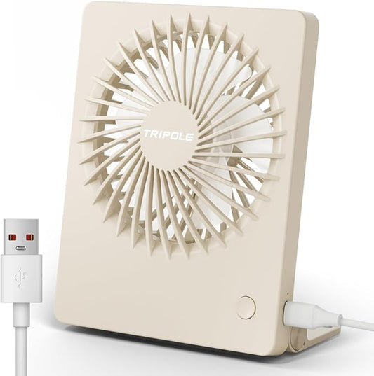 TriPole Mini Desk Fan USB Powered Portable Fan Small Personal Fan 3 Speeds Strong Airflow Table Fan for Travel Home Office Bedroom Desktop, 3.3ft Cable (No Battery, Beige)