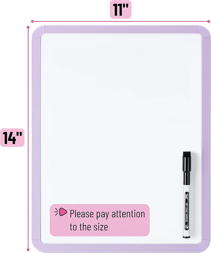 Mr. Pen- Dry Erase Board, 14” x 11” with a Black Dry Erase Marker | Purple Frame, Small Mini White Board for Students, Fridge, Wall, Locker, Includes Double Sided Tapes