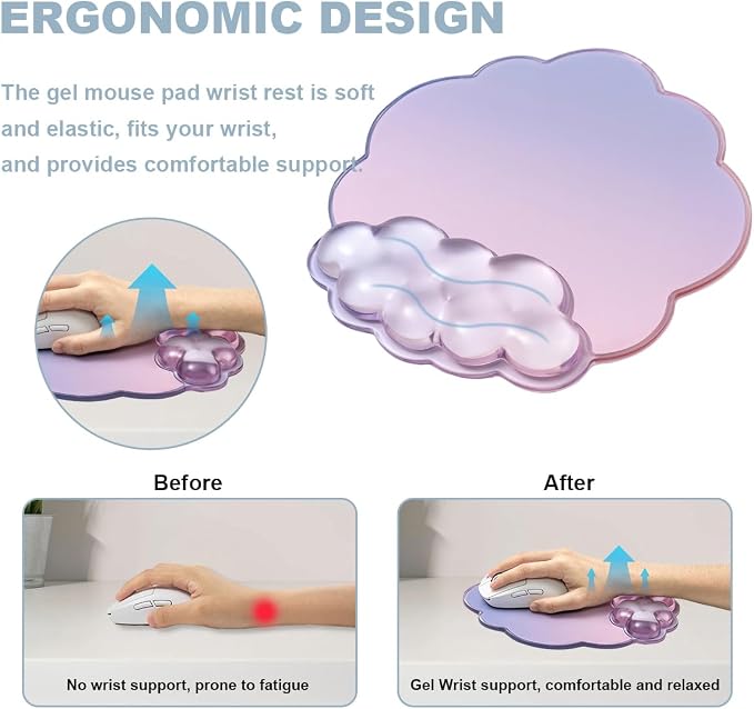 Gel Cloud Mouse Pad with Wrist Rest for Keyboard and Mouse - Gradient Purple Pink Ergonomic Cloud Mouse Pad Office Accessories for Computer/Laptop/Gaming/Home/Office/Typing Pain Relief