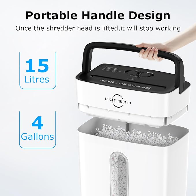 Bonsen 10-Sheet Cross Cut Paper Shredder for Home Office Heavy Duty, White | P-4 Security Level, Shreds Paper & Credit Cards, 4-Gal Bin with Portable Handle, Small Shredder for Home Office，S3201-W
