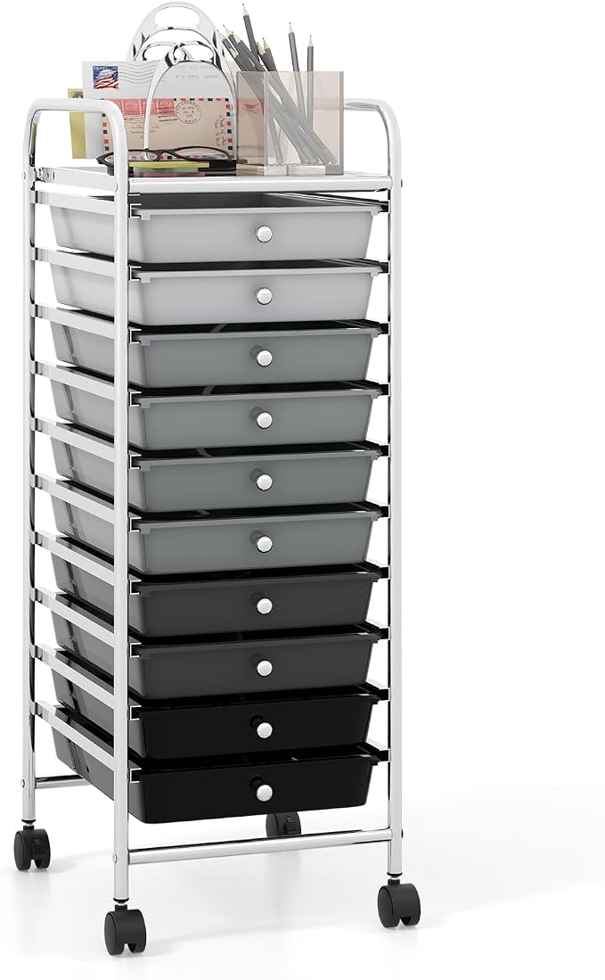 COSTWAY 10-Drawer Rolling Storage Cart, Utility Mobile Trolley | Removable Drawers & Universal Casters & 2 Brakes, Versatile Flexible Drawer Organizer Cart for Home, Office (Mixed Black)