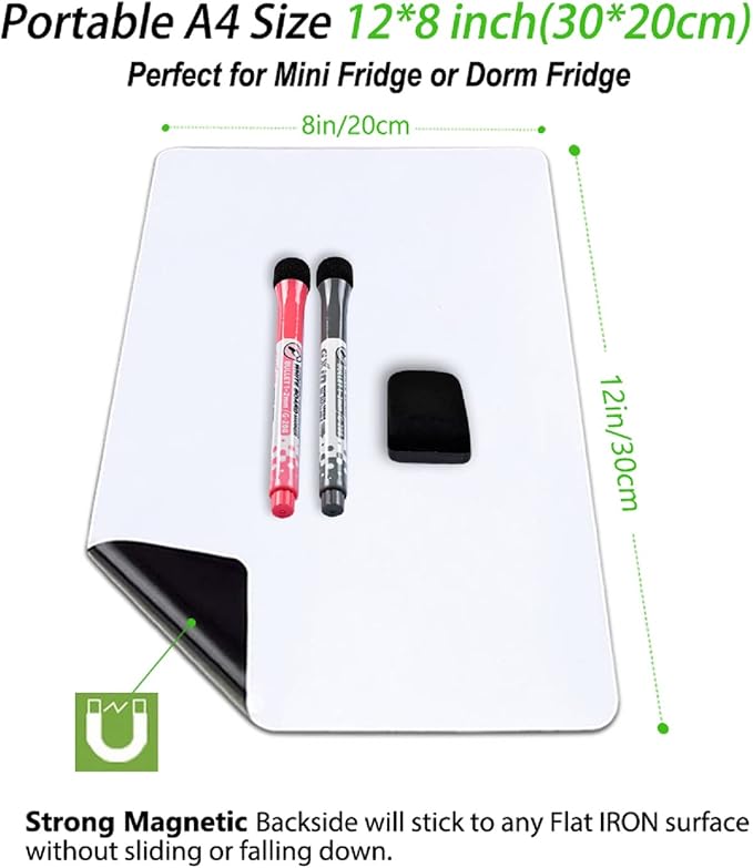 Magnetic Dry Erase Board Fridge Whiteboard Sheet 12"x8" | Easy to Write & Clean, Small Refrigerator Magnet, White Board Planner for Kitchen Shopping List & Memo, 2 Markers & Eraser
