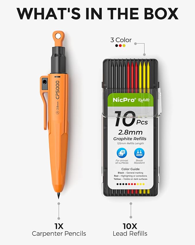 Nicpro CP5000 Magnetic Carpenter Pencils with Sharpener & Holster, 1 Pack | 2.8mm Mechanical Pencil+10 Refills, Deep Hole Marker for Construction, Woodworking Pencils with Strong Magnet Pickup Cap