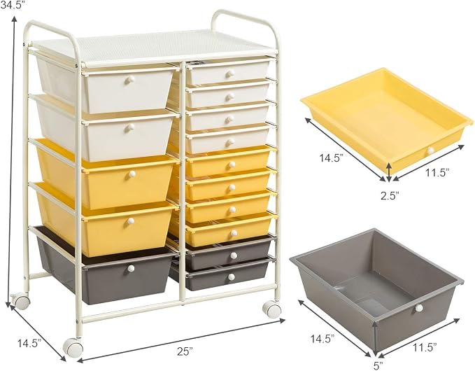 RELAX4LIFE 15 Drawer Rolling Storage Cart, Mobile Drawer Carts for Craft Art Supply Paper Salon, Utility Cart on Wheels for Classroom Teacher School Office, Rolling Cart with Drawers (Yellow)