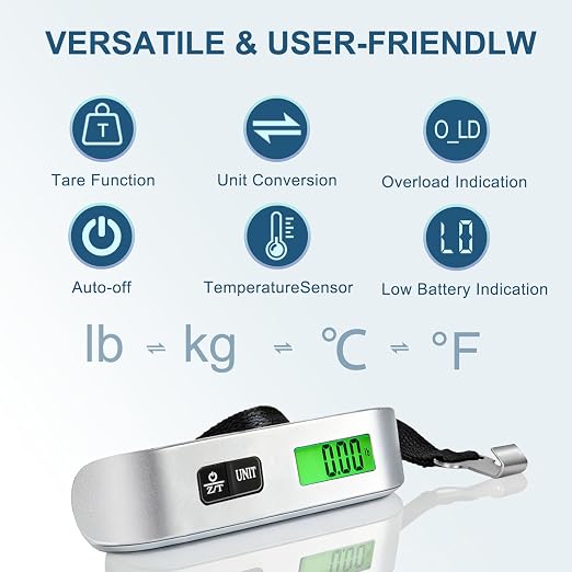 Digital Luggage Scale, 110lb Suitcase Weight Scale for Travel with Backlit LCD Display, 4-Unit Switching, Portable Hanging Baggage Scale for Luggage, Backpacks, Packages (Battery Included) | with Backlit LCD Display, 4-Unit Switching, Hanging Baggage S...
