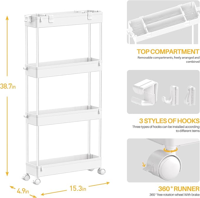 Slim Storage Cart 4 Tier,Bathroom Organizer Rolling Utility, Mobile Shelving Unit Slide Out for Office, Kitchen, Laundry Room & Narrow Places,White